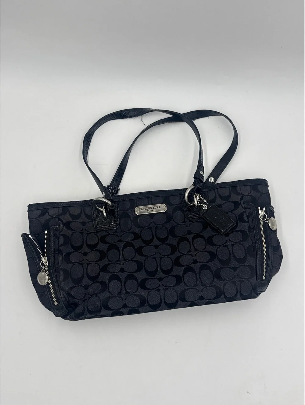 Coach Black Signature Canvas Tote Bag with Leather Trim